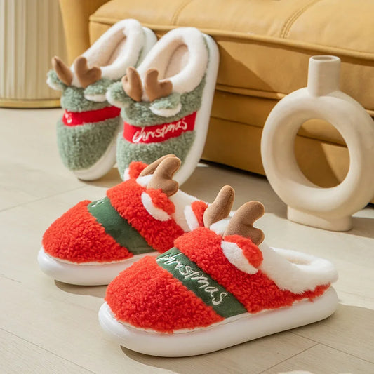 New 2023 Thick Sole Christmas Deer Slippers Women Men Indoor Warm Slipper Soft Plush Home Floor Lovers Winter Platform Shoes