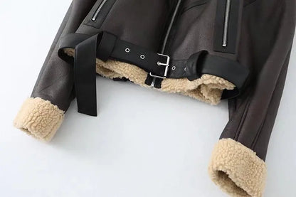 Ailegogo Winter Women Streetwear Faux Lamb Leather Fur Short Jacket with Belt Moto Biker Thick Warm Sheepskin Coat Outwear