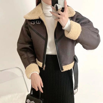 Ailegogo Winter Women Streetwear Faux Lamb Leather Fur Short Jacket with Belt Moto Biker Thick Warm Sheepskin Coat Outwear