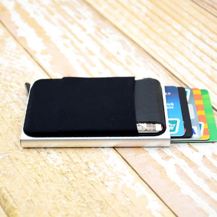 Slim Aluminum Card Wallet With Elasticity Back Pouch ID Credit Card Holder Mini RFID Wallet Automatic Pop up Bank Card Case