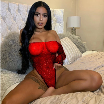 Plus Size Erotic Sexy Lingerie Bling Rhinestone Fishnet Bodysuit Transparent Sex Dress Women Mesh Tights Sexy Exotic Body Socks