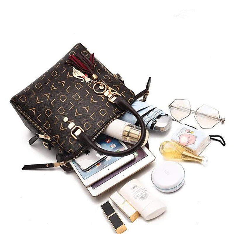 Fashion English Letter Handbag Women PU Leather Tassel Top-Handle Bag Luxury Shoulder Bag Large Capacity Lady Tote Design Purse