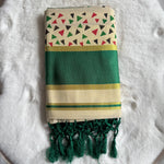 Traditional Kerala Cotton Onam Saree with Geometric Print & Green Kasavu Border S109