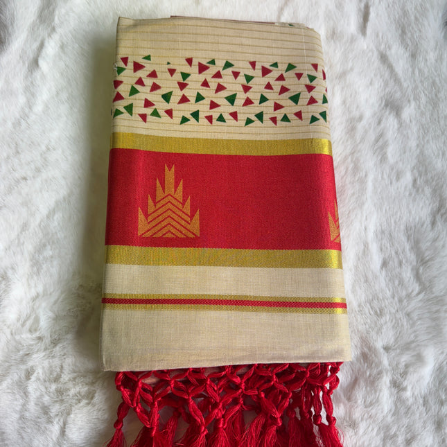Kerala Cotton onam Saree with Red and Golden Kasavu Border & Traditional Triangle Motifs – Onam Special S117