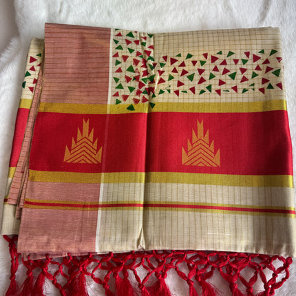 Kerala Cotton onam Saree with Red and Golden Kasavu Border & Traditional Triangle Motifs – Onam Special S117
