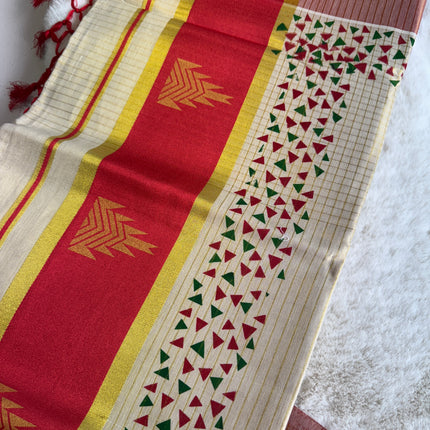 Kerala Cotton onam Saree with Red and Golden Kasavu Border & Traditional Triangle Motifs – Onam Special S117