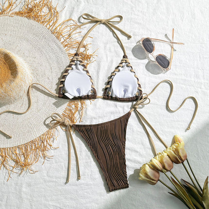 2025 Halter Wrinkled Weave Bikini Women Swimwear Female Swimsuit Two Pieces Bikini Set Brazilian Bathing Suit Swim Beach Wear