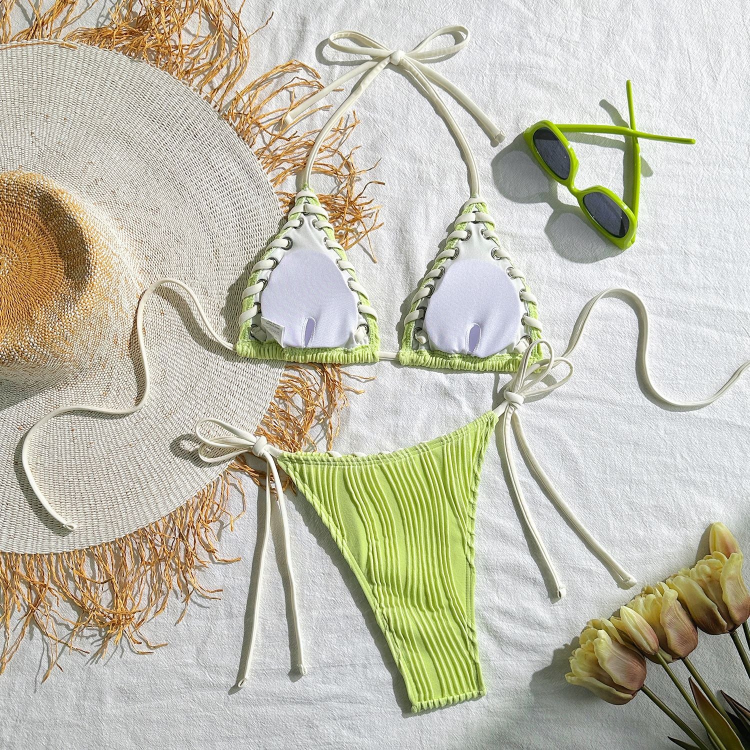 2025 Halter Wrinkled Weave Bikini Women Swimwear Female Swimsuit Two Pieces Bikini Set Brazilian Bathing Suit Swim Beach Wear