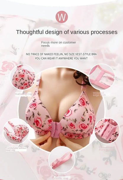 xgnvpy New front button rose print bra without underwire comfort women's push-up adjuster side breast bra cover