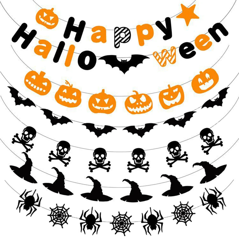 Halloween Hanging Banner Garland Bunting Pumkin Ghost Bat Paper Banner Door Hanging Ornaments Halloween Xmas Party Decoration