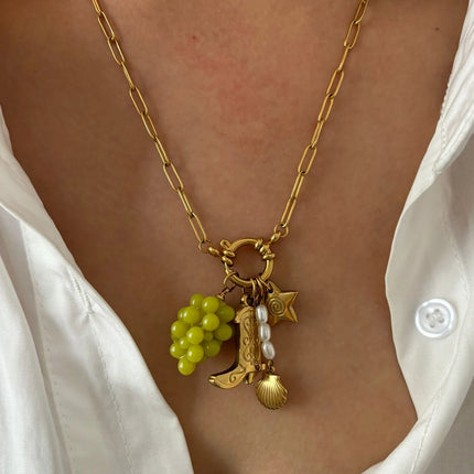 Peri'sbox Statement Trendy Imitation Pearl Grape Blueberry Shell Pendant Necklace for Women Stainless Steel Creative Accessories