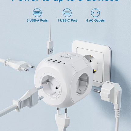 LENCENT EU Plug Wall Socket Extender with 4 AC Outlets+3 USB +1 Type C 5V/3A Charger Adapter 8-in-1 Socket On/Off Switch
