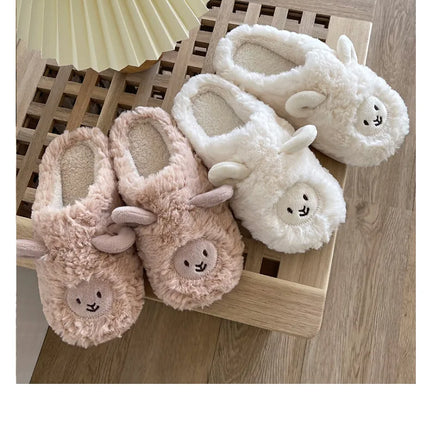 Women Home Fluffy Slippers Platform Anti Slip Comfortable Warm Shoes Cute Sheep Outdoor Couple Slippers Women Men Ladies Shoes