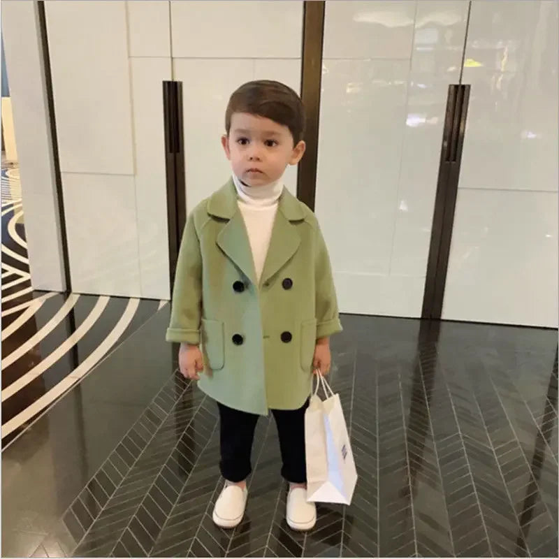 Autumn Winter Boys Fashion Jacket Solid Color Lapel Double-Breasted Long Woollen Overcoat For 2-6 Years Boys Handsome Outwear