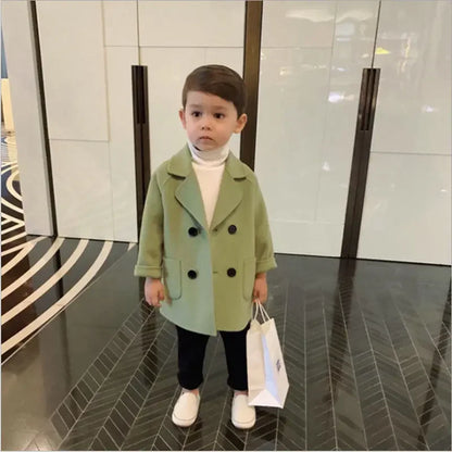 Autumn Winter Boys Fashion Jacket Solid Color Lapel Double-Breasted Long Woollen Overcoat For 2-6 Years Boys Handsome Outwear