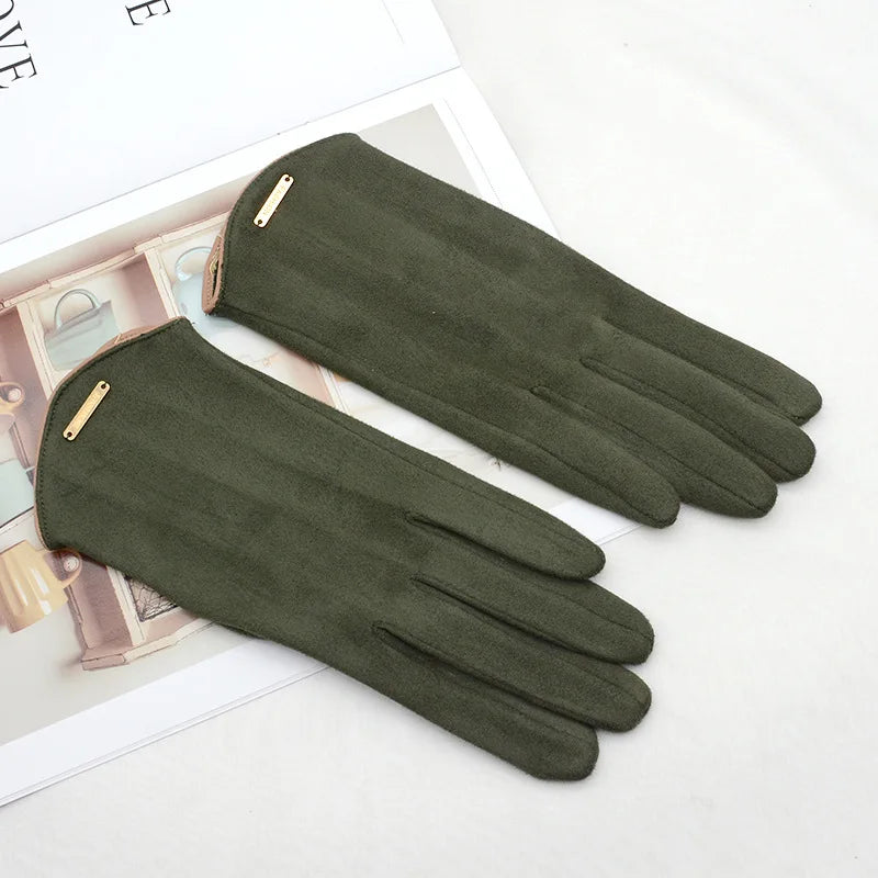 Women Autumn Winter Keep Warm Touch Screen Thin  Solid Simple Gloves Cycling Drive Suede Fabric Elegant Windproof
