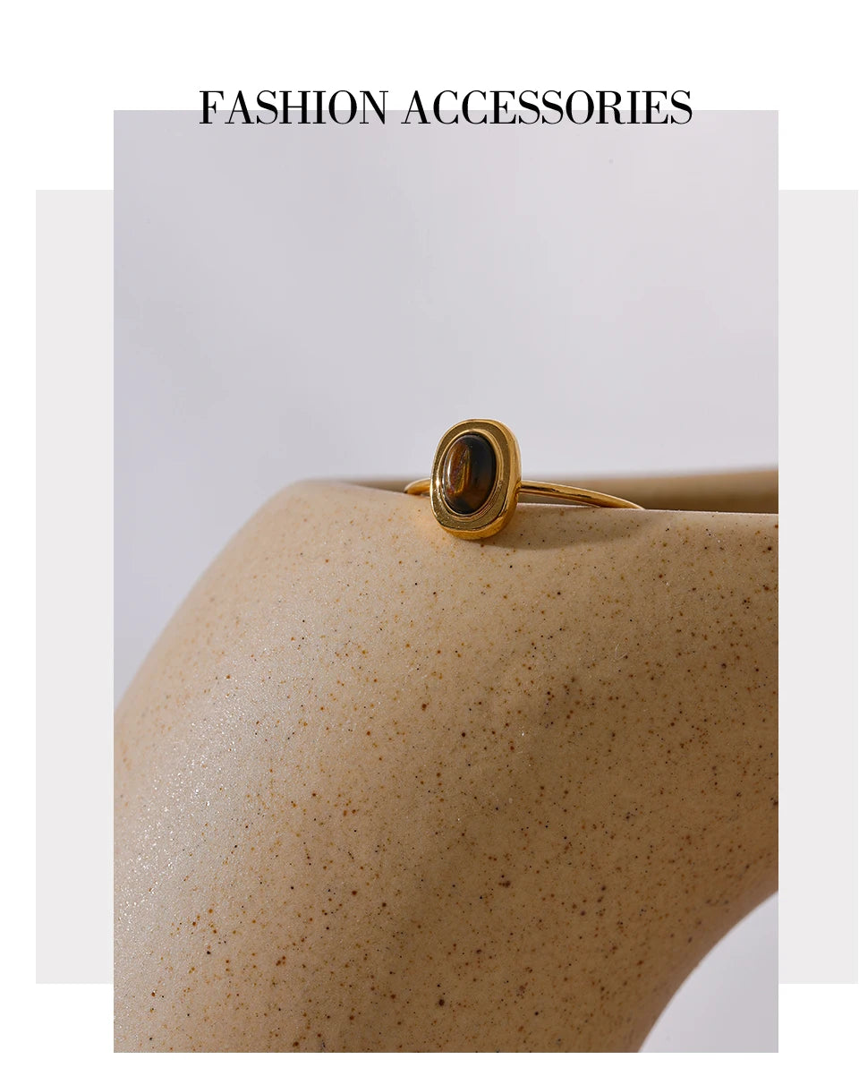 Yhpup Fashion Natural Stone Stainless Steel Oval Thin Chic Ring Women 18K PVD Plated Waterproof Jewelry Accessories 2024 Gift