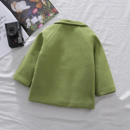 Autumn Winter Boys Fashion Jacket Solid Color Lapel Double-Breasted Long Woollen Overcoat For 2-6 Years Boys Handsome Outwear