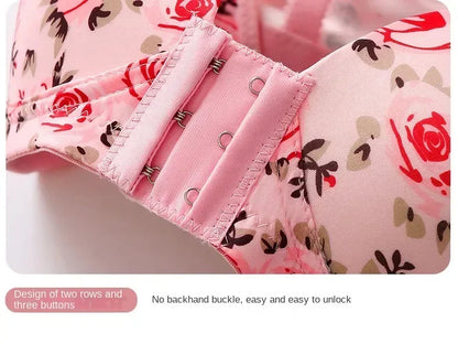 xgnvpy New front button rose print bra without underwire comfort women's push-up adjuster side breast bra cover
