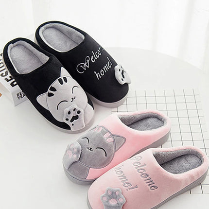 Women Home Slippers Winter Cartoon Cat Slippers Anti Slip Soft Warm Plush Indoor House Slippers Bedroom Couples Floor Shoes