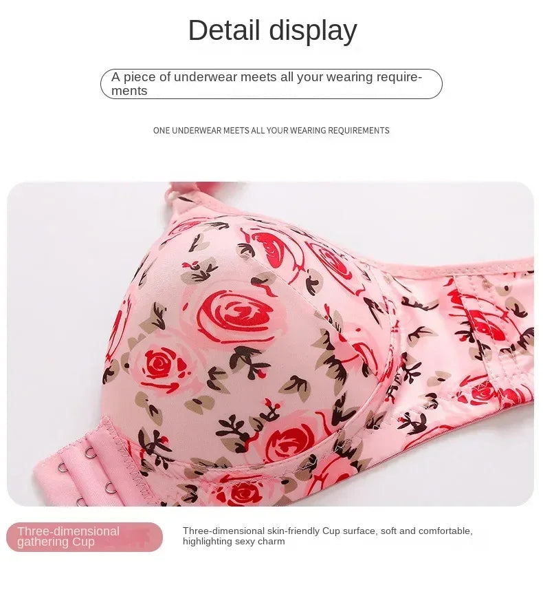 xgnvpy New front button rose print bra without underwire comfort women's push-up adjuster side breast bra cover