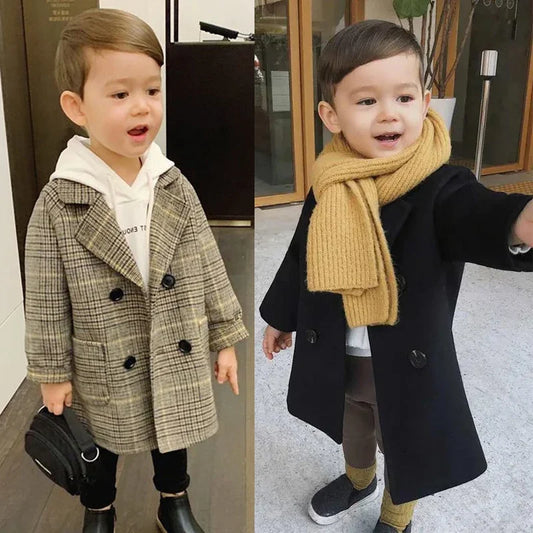 Autumn Winter Boys Fashion Jacket Solid Color Lapel Double-Breasted Long Woollen Overcoat For 2-6 Years Boys Handsome Outwear