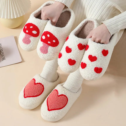 House Slippers for Women, Cute Big Small Heart, Fluffy Cozy Home Comfy Shoes for Ladies, Indoor Slippers for Winter, Mushroom