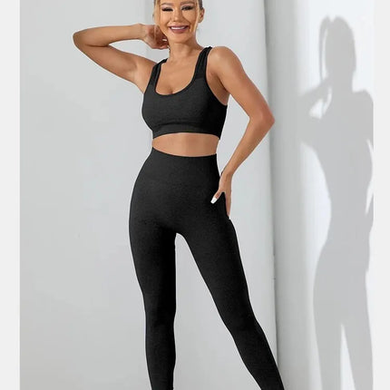 Yoga Basic 2pcs Seamless High Stretch Yoga Set Tracksuit Gym Set Crisscross Back Cami Hip-hugging Tummy Control Leggings