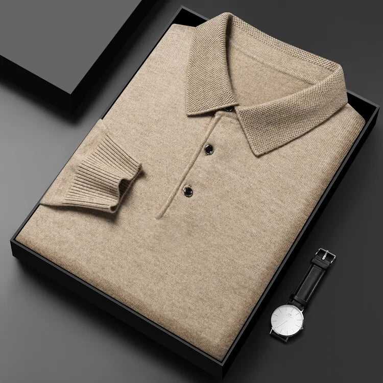 Autumn and Winter New Warm Soft Pullover Men's Business Lapel Knitwear Casual Solid Color Long Sleeve Polo Shirt Office