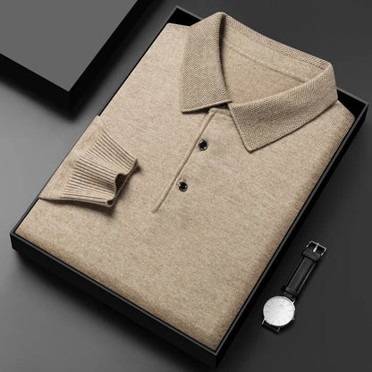 Autumn and Winter New Warm Soft Pullover Men's Business Lapel Knitwear Casual Solid Color Long Sleeve Polo Shirt Office