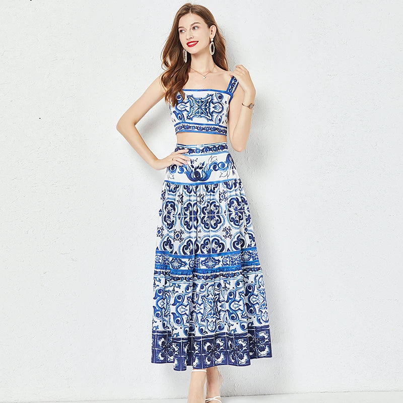 JAMERARY Summer Runway Blue And White Porcelain Two Piece Set Women Flower Print Short Crop Top + Holiday Beach Maxi Skirt Suits