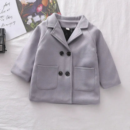 Autumn Winter Boys Fashion Jacket Solid Color Lapel Double-Breasted Long Woollen Overcoat For 2-6 Years Boys Handsome Outwear