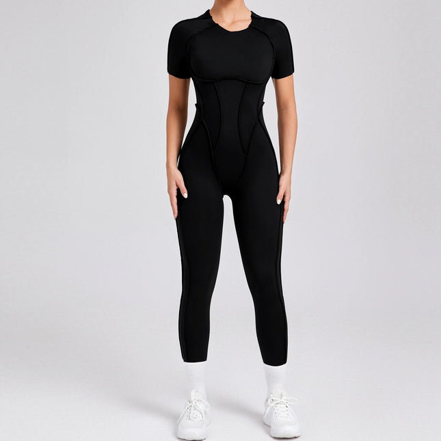 Women's One-Piece Suit Zipper Short Sleeve Gym Push Up Workout Clothes Fitness Short Bodysuit Sportswear Jumpsuits