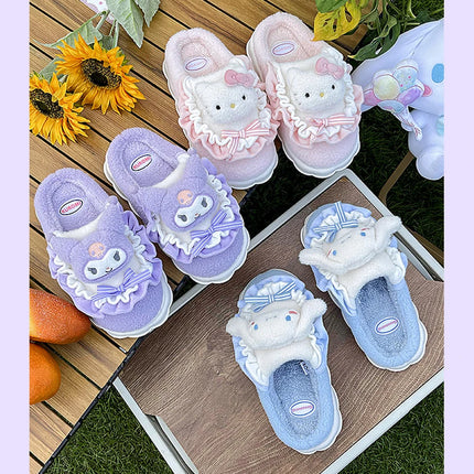 Sanrio Kawaii Cinnamoroll Womens Slippers Kuromi Hello Kitty Plush Cartoon Cute Sweet Suitable Indoor Outdoor Winter Shoes