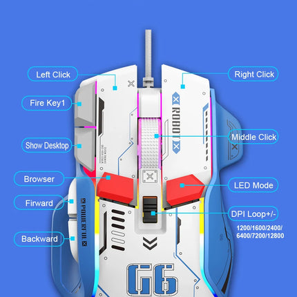 G6 Gaming Mouse Wired 128000DPI ChipA826 RGB Macro-programmable Ergonomic design superior for Gaming and Work