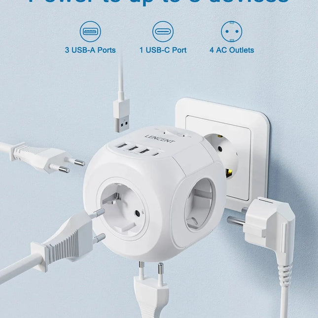 LENCENT EU Plug Wall Socket Extender with 4 AC Outlets+3 USB +1 Type C 5V/3A Charger Adapter 8-in-1 Socket On/Off Switch