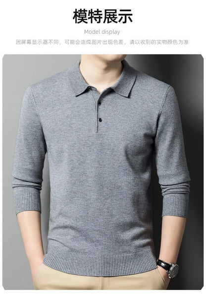 Autumn and Winter New Warm Soft Pullover Men's Business Lapel Knitwear Casual Solid Color Long Sleeve Polo Shirt Office