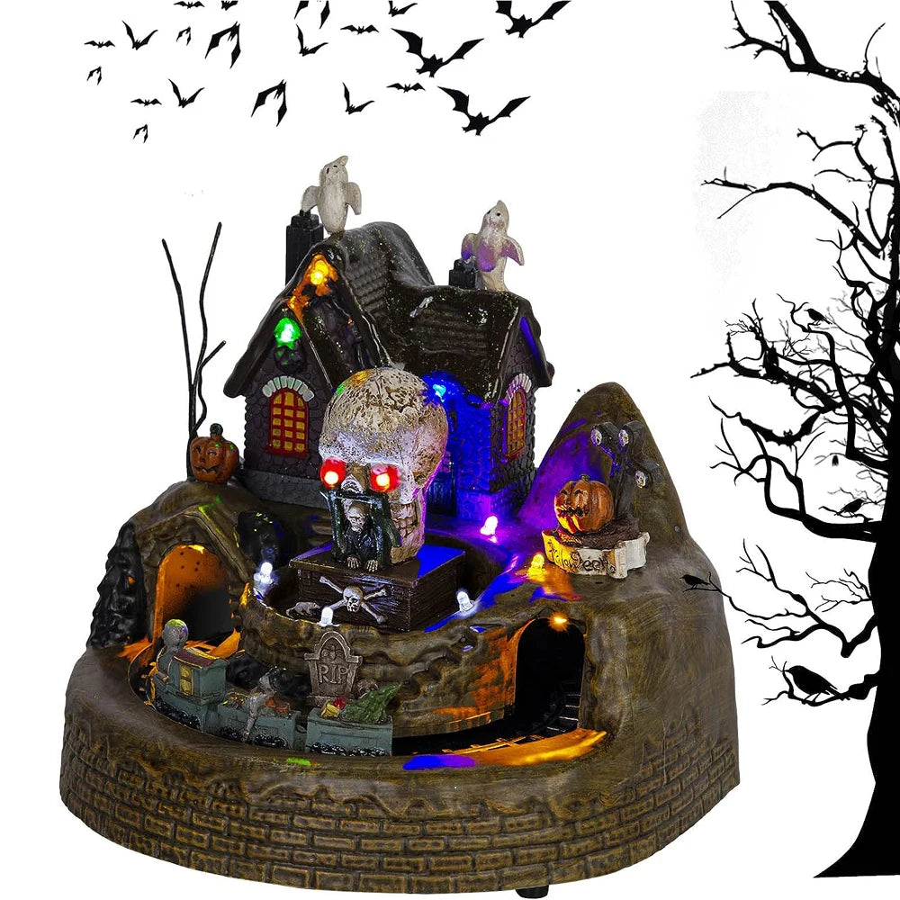 Halloween Holiday Village Train Decor with LED Lights Music Spooky Ghost & Skeleton Figurines, Festive Haunted House Decoration