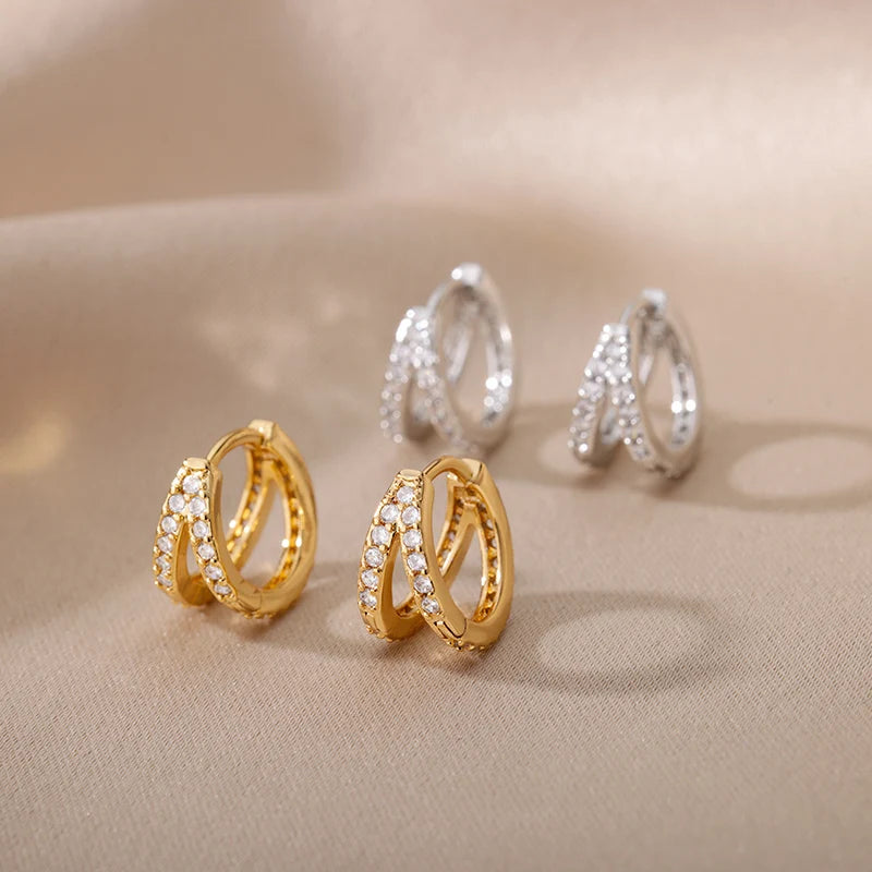 Zircon Star Hoop Earrings for Women Stainless Steel Gold Color Round Huggie Earrings 2023 Trend Wedding Jewelry pendientes mujer