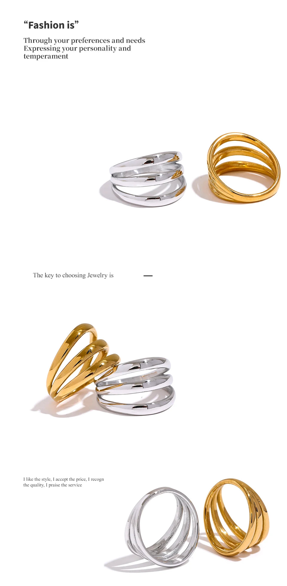 Yhpup Stainless Steel Geometric Hollow Layered Wide Ring Metal Texture Waterproof Daily Simple Stylish Golden Jewelry for Women