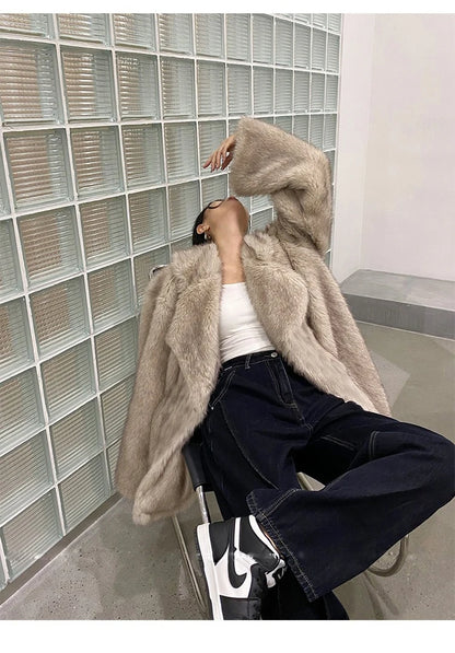 Lautaro Winter Loose Casual Thick Warm Soft Hairy Faux Fur Coat Women Luxury High Quality Furry Fluffy Jacket Korean Fashion