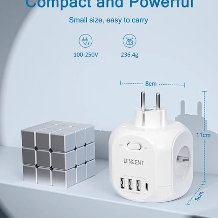 LENCENT EU Plug Wall Socket Extender with 4 AC Outlets+3 USB +1 Type C 5V/3A Charger Adapter 8-in-1 Socket On/Off Switch
