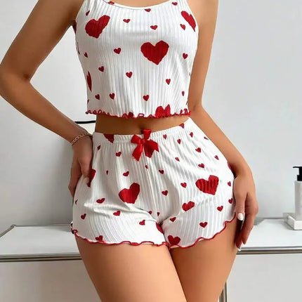 Hot Selling Womens Pajamas Set Sleepwear 2PCS Short Tank Tops And Shorts White Ventilate Soft Casual Red Love Printing Sleepwear