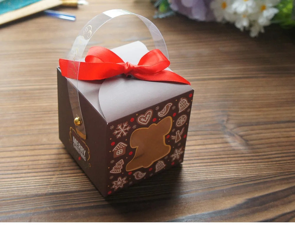 12pcs Christmas Paper Box with Window Handle Candy Box Soap Candle Cookie Candy Little Gift Packaging Party Favors Decor