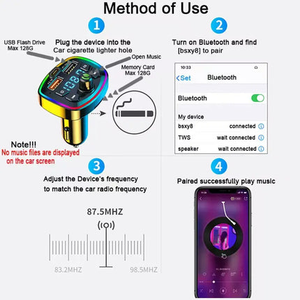 Car Charger FM Transmitter Bluetooth5.0 Hands Free True 3.1A Dual USB Port PD FastCharging MP3 Music TF Card U disk AUX Player