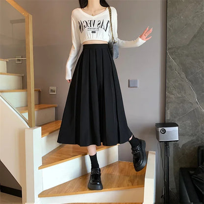 2022 Autumn/winter New Korean-style Medium-length Coffee-color Skirt Elegant Slimming Versatile Pressed A- line Skirt For Women
