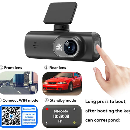 UHD 4K Dash Cam Dual Lens Driving Recorder Car DVR 1080P Rear Lens Camera Built-In WiFi GPS 24-Hour Parking Monitoring Black Box