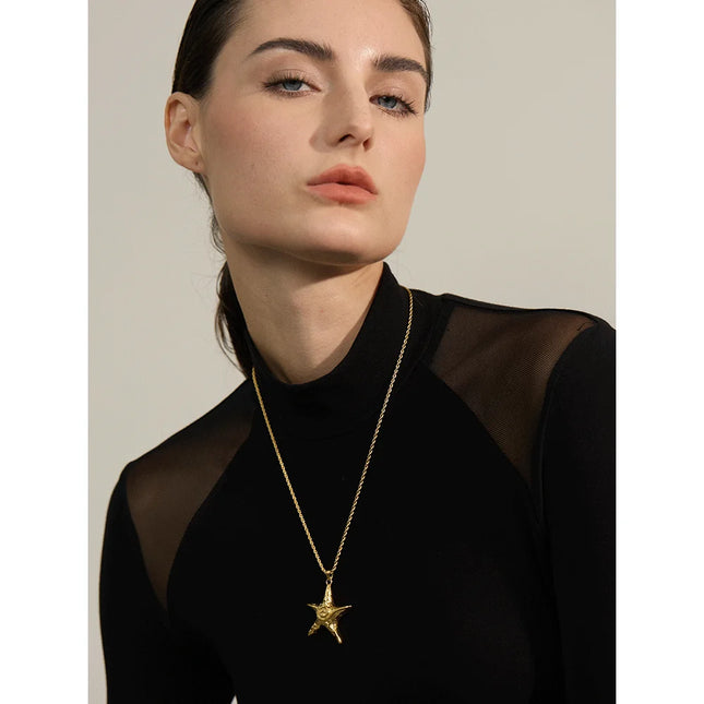 Yhpup 316L Stainless Steel Starfish Pendant Necklace Rust Proof Statement 18K Gold PVD Plated Individualistic Holiday Jewelry