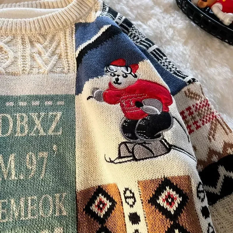 Christmas Sweater Men's Winter Loose-fit Casual Style Knitted Top Jacket American Vintage Fleece-lined Thickened Line Clothes