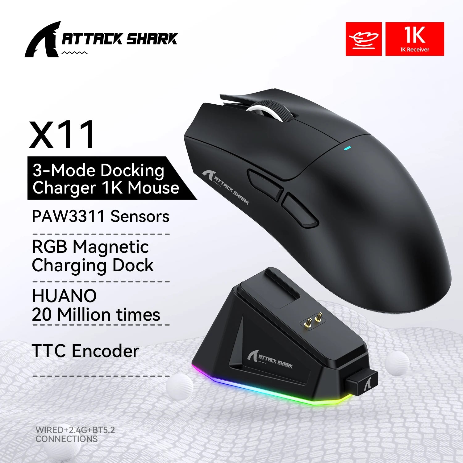 Attack Shark X11 Tri-Mode Connection 2.4GHz/Wired/Bluetooth PAW3311 22K000DPI 400IPS RGB  PC Gaming Mouse